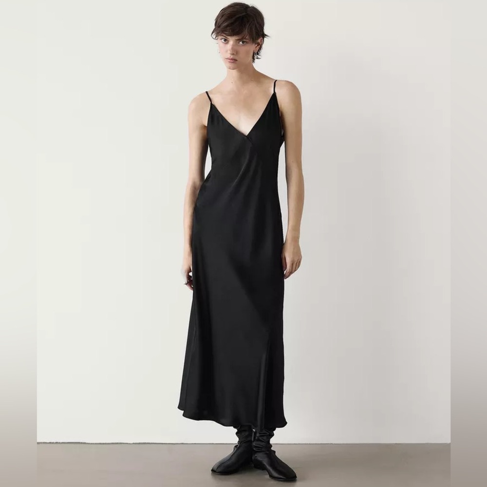 Zara silk effect v-neck black long maxi slip dress sz.S
